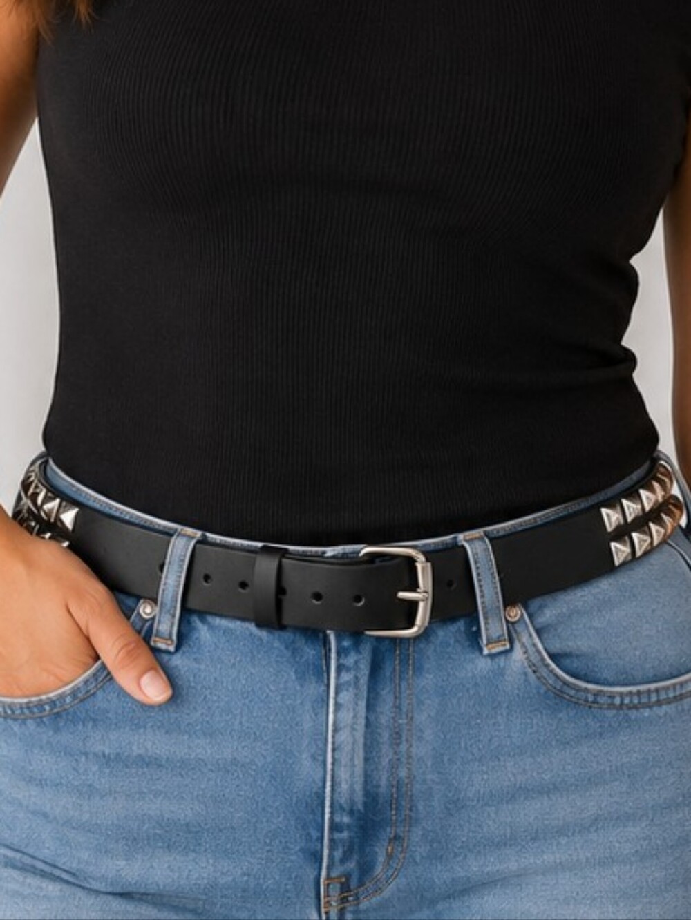 👚 Black Faux Leather Silver Pyramid Stud Belt Punk Rock Goth Unisex Adjustable